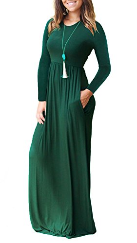 GRECERELLE Women Long Sleeve Long Maxi Fall Casual Dresses Dark Green-Medium