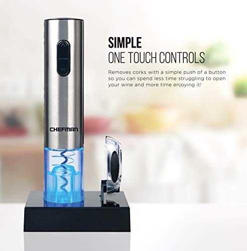 Chefman Electric Wine Opener with Foil Cutter, Automatic Corkscrew and Foil Remover, One Touch Wine Bottle Opener with Rechargeable Battery and Charging Stand, Stainless Steel 110/240V