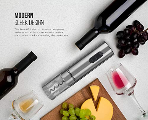 Chefman Electric Wine Opener with Foil Cutter, Automatic Corkscrew and Foil Remover, One Touch Wine Bottle Opener with Rechargeable Battery and Charging Stand, Stainless Steel 110/240V
