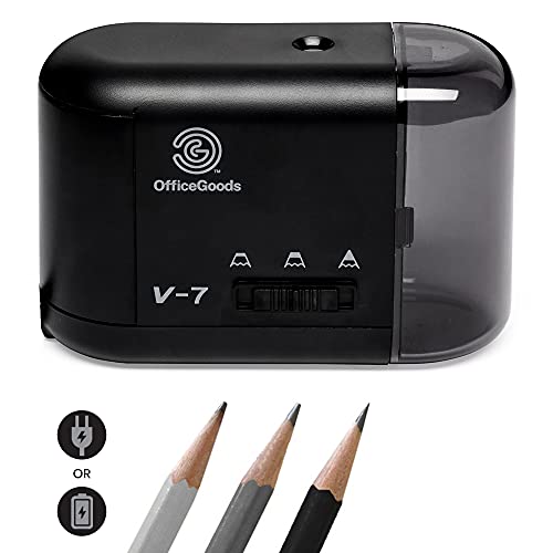 OfficeGoods Electric & Battery Operated Pencil Sharpener - for Colored Pencils, Artists, Office, School & Home - Compact Reliable Fast - Sharpens Evenly Every Time for The Perfect Point (Black)