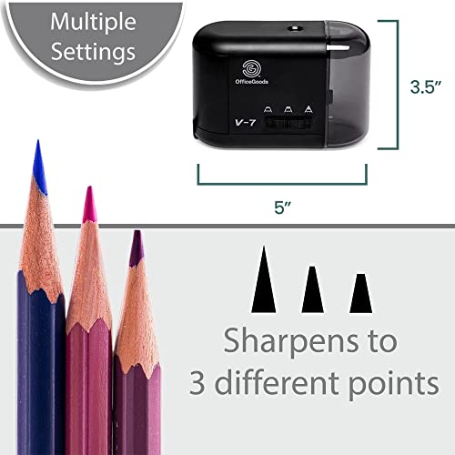 OfficeGoods Electric & Battery Operated Pencil Sharpener - for Colored Pencils, Artists, Office, School & Home - Compact Reliable Fast - Sharpens Evenly Every Time for The Perfect Point (Black)