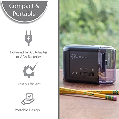 OfficeGoods Electric & Battery Operated Pencil Sharpener - for Colored Pencils, Artists, Office, School & Home - Compact Reliable Fast - Sharpens Evenly Every Time for The Perfect Point (Black)