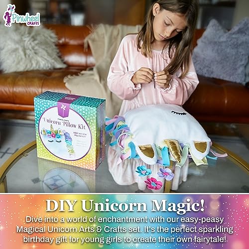 Pinwheel Crafts Unicorn Pillow Kit ? Cute Colorful Fleece Knot Pillow with Stick-On Flowers and Eyelashes ? No-Sew Easy-to-Follow Unicorn Craft Kit for Girls and Teenagers ? Unicorn Bedroom Decor