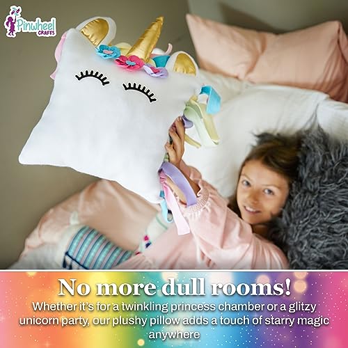 Pinwheel Crafts Unicorn Pillow Kit ? Cute Colorful Fleece Knot Pillow with Stick-On Flowers and Eyelashes ? No-Sew Easy-to-Follow Unicorn Craft Kit for Girls and Teenagers ? Unicorn Bedroom Decor