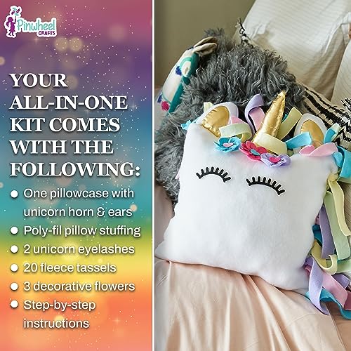 Pinwheel Crafts Unicorn Pillow Kit ? Cute Colorful Fleece Knot Pillow with Stick-On Flowers and Eyelashes ? No-Sew Easy-to-Follow Unicorn Craft Kit for Girls and Teenagers ? Unicorn Bedroom Decor