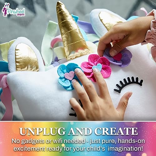 Pinwheel Crafts Unicorn Pillow Kit ? Cute Colorful Fleece Knot Pillow with Stick-On Flowers and Eyelashes ? No-Sew Easy-to-Follow Unicorn Craft Kit for Girls and Teenagers ? Unicorn Bedroom Decor