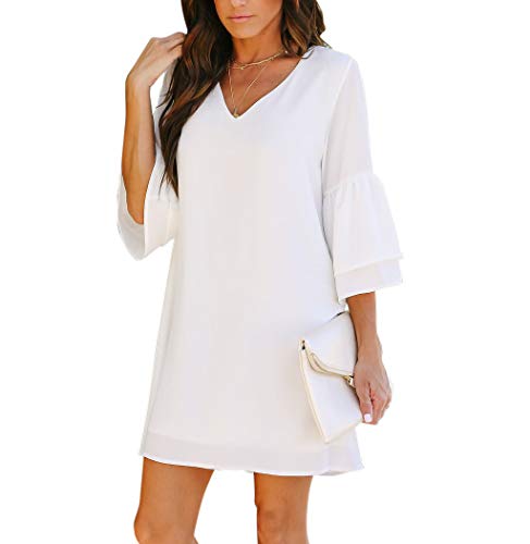 BELONGSCI Women's Dress Sweet & Cute V-Neck Bell Sleeve Shift Dress Mini Dress White