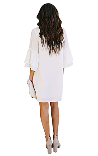 BELONGSCI Women's Dress Sweet & Cute V-Neck Bell Sleeve Shift Dress Mini Dress White