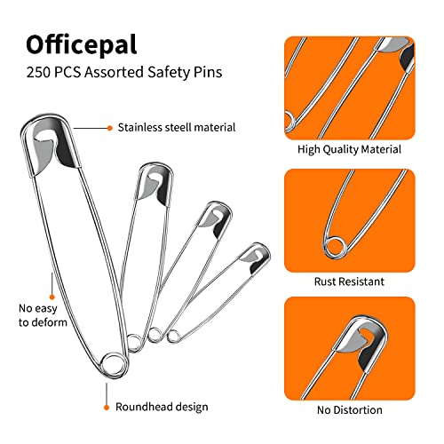 Officepal Premium Quality 4-Size Pack of Safety Pins- Top 250-Count ? Durable, Rust-Resistant Nickel Plated Steel Set- Best Sewing Accessories Kit for Baby Clothing, Crafts, Arts (4-Size in 1 No.001)