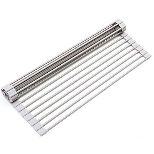 Dish Drying Rack KIBEE Multipurpose Roll Up Sink Rack Silicone Coated Stainless Steel Over The Sink Drainer Gadget Tool for Many Kitchen Task(Large Gray)