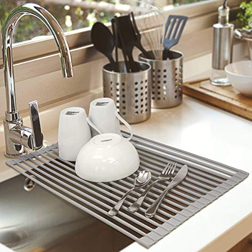 Dish Drying Rack KIBEE Multipurpose Roll Up Sink Rack Silicone Coated Stainless Steel Over The Sink Drainer Gadget Tool for Many Kitchen Task(Large Gray)