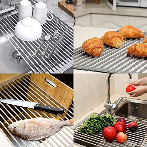 Dish Drying Rack KIBEE Multipurpose Roll Up Sink Rack Silicone Coated Stainless Steel Over The Sink Drainer Gadget Tool for Many Kitchen Task(Large Gray)