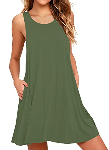 AUSELILY Women's Solid Plain Sleeveless Pockets Casual Swing T-Shirt Dresses Olive (XL,Army Green)