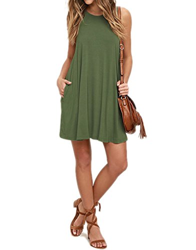 AUSELILY Women's Solid Plain Sleeveless Pockets Casual Swing T-Shirt Dresses Olive (XL,Army Green)