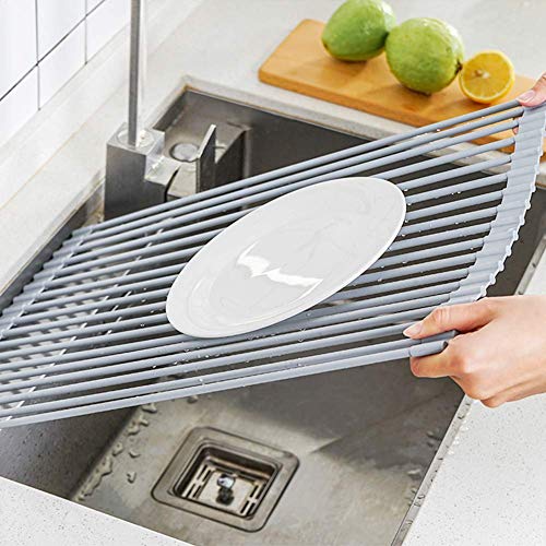 Dish Drying Rack KIBEE Multipurpose Roll Up Sink Rack Silicone Coated Stainless Steel Over The Sink Drainer Gadget Tool for Many Kitchen Task(Large Gray)