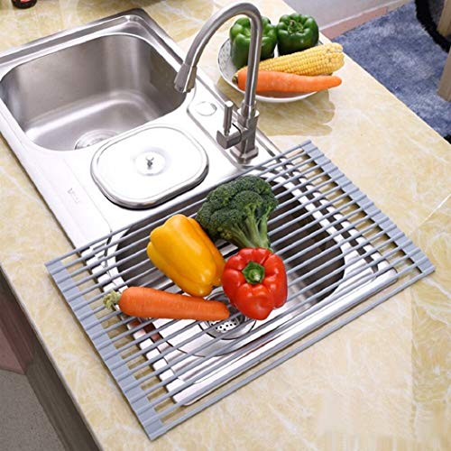 Dish Drying Rack KIBEE Multipurpose Roll Up Sink Rack Silicone Coated Stainless Steel Over The Sink Drainer Gadget Tool for Many Kitchen Task(Large Gray)