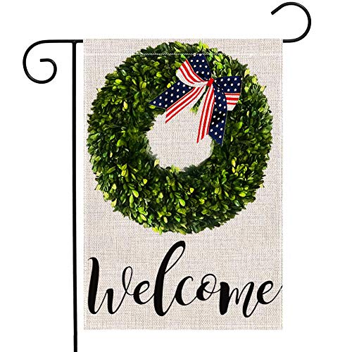 ZYAWP Welcome Garden Flag,Double Sided Burlap Boxwood Wreath Burlap Yard Flag for Outside Farmhouse Patio Lawn Outdoor Home Decor 12.5 X 18 Inch (Garden Size-12.5x18)