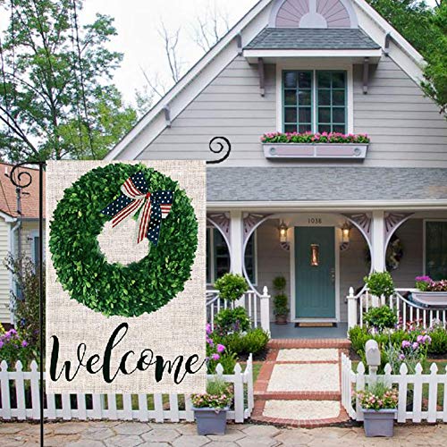 ZYAWP Welcome Garden Flag,Double Sided Burlap Boxwood Wreath Burlap Yard Flag for Outside Farmhouse Patio Lawn Outdoor Home Decor 12.5 X 18 Inch (Garden Size-12.5x18)