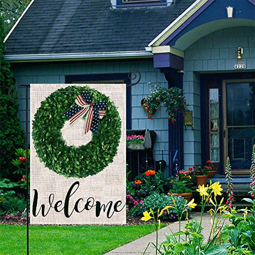 ZYAWP Welcome Garden Flag,Double Sided Burlap Boxwood Wreath Burlap Yard Flag for Outside Farmhouse Patio Lawn Outdoor Home Decor 12.5 X 18 Inch (Garden Size-12.5x18)