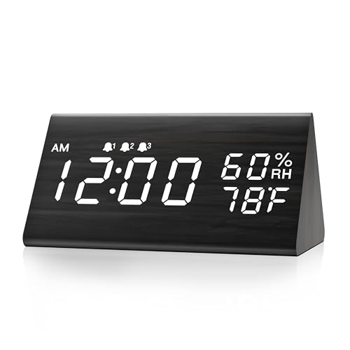 Digital Alarm Clock, with Wooden Electronic LED Time Display, 3 Alarm Settings, Humidity & Temperature Detect, Wood Made Electric Clocks for Bedroom, Bedside, Black