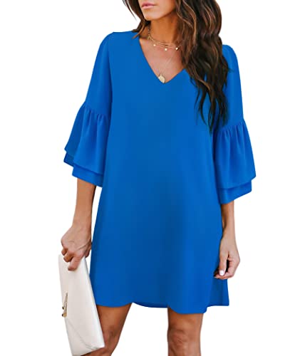 BELONGSCI Women's Dress Sweet & Cute V-Neck Bell Sleeve Shift Dress Mini Dress Blue
