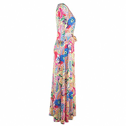 Afibi Womens Bohemian 3/4 Sleeve Faux Wrap Maxi Dress with Belt (X-Large, Design 4)