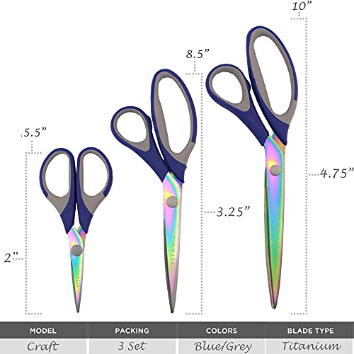 BambooMN Titanium Softgrip Scissors Set for Sewing, Arts, Crafts, Office - 10 Sets of 3 - Blue