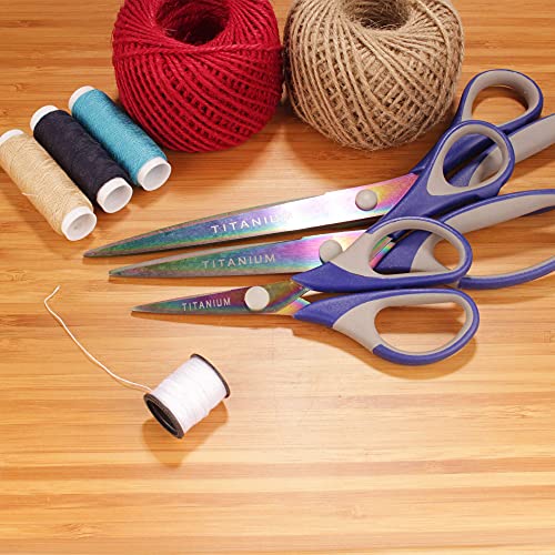 BambooMN Titanium Softgrip Scissors Set for Sewing, Arts, Crafts, Office - 10 Sets of 3 - Blue