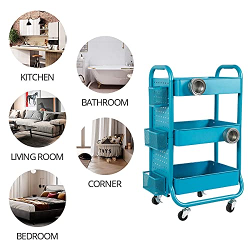 DESIGNA 3-Tier Metal Rolling Utility Cart with Handle, Craft Art Carts & Extra Office Storage Accessories Turquoise