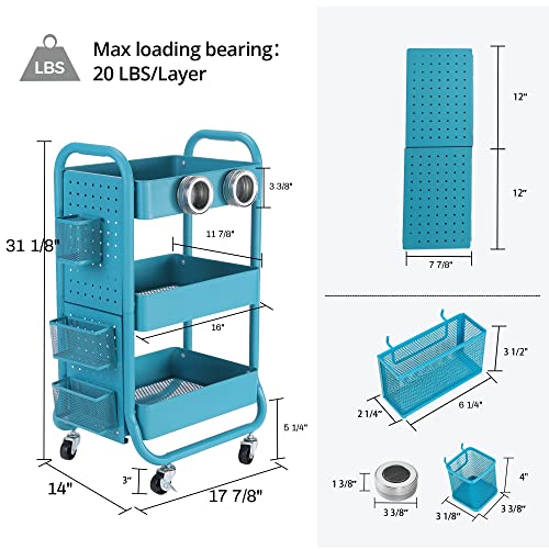DESIGNA 3-Tier Metal Rolling Utility Cart with Handle, Craft Art Carts & Extra Office Storage Accessories Turquoise