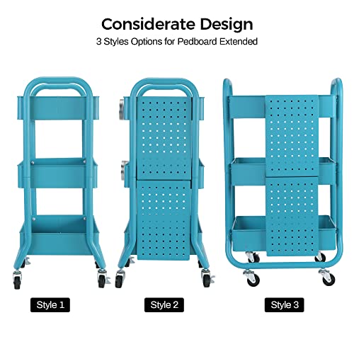 DESIGNA 3-Tier Metal Rolling Utility Cart with Handle, Craft Art Carts & Extra Office Storage Accessories Turquoise