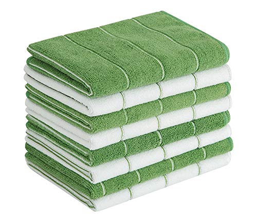 Microfiber Kitchen Towels - Super Absorbent, Soft and Solid Color Dish Towels, 8 Pack (Stripe Designed Green and White Colors), 26 x 18 Inch (Green)