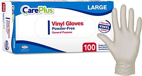 [100 Count] Care Plus Disposable Plastic Vinyl Clear Large Gloves, Allergy, Latex And Powder Free, Great For Home Kitchen Or Office Cleaning, Cooking, 1 Box