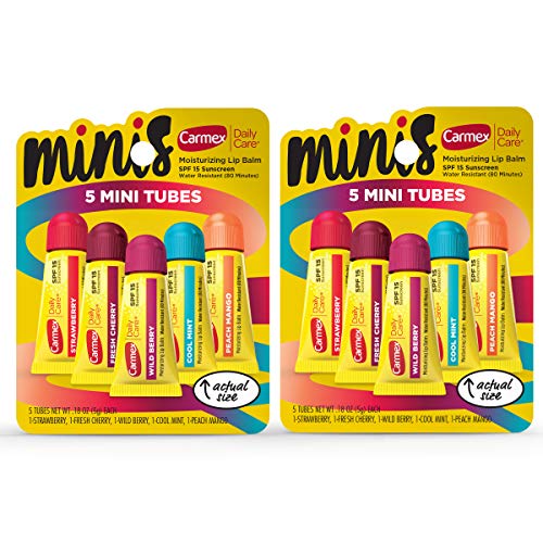 Carmex Daily Care Minis Lip Balm Pack, Lip Balm with Sunscreen in Fresh Cherry, Strawberry, Cool Mint, Wild Berry and Peach Mango - 0.18 OZ Each, 5 Count (Pack of 2)