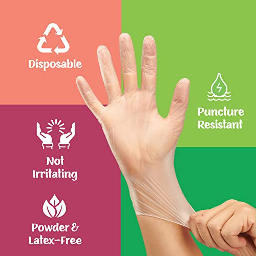 [100 Count] Care Plus Disposable Plastic Vinyl Clear Large Gloves, Allergy, Latex And Powder Free, Great For Home Kitchen Or Office Cleaning, Cooking, 1 Box