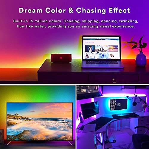 KORJO Dream Color LED Strip Lights, 32.8ft/10M Bluetooth LED Chasing Light with APP, 12V 300 LEDs 5050 RGB Color Changing Rope Light Kit, Flexible Led Strip Lighting for Home Kitchen