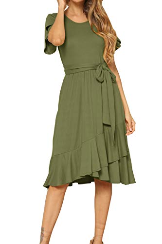 levaca Womens Plain Casual Flowy Ruffle Midi Dress with Belt Army Green M