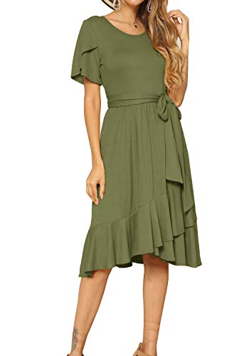 levaca Womens Plain Casual Flowy Ruffle Midi Dress with Belt Army Green M