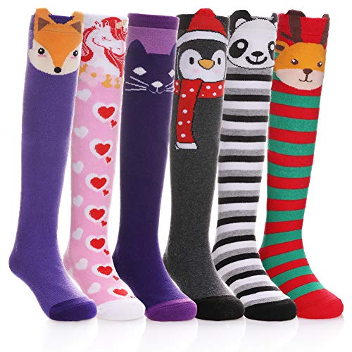 FNOVCO Girls Knee High Socks Cartoon Animal Patterns Cotton Over Calf Socks (6 Pairs Cartoon Animal)
