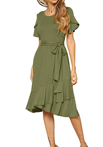 levaca Womens Plain Casual Flowy Ruffle Midi Dress with Belt Army Green M