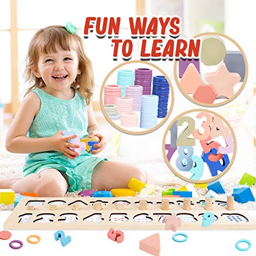 CozyBomB Wooden Number Puzzle for Kids - Montessori Toys for Toddlers Learning Age 3 4 5 Years Old - Wooden Counting Blocks Sorting Toys Shape Block Educational Toys Preschool Activities Stacking Toy