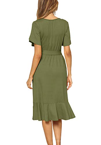 levaca Womens Plain Casual Flowy Ruffle Midi Dress with Belt Army Green M