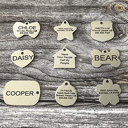 Stainless Steel Pet ID Tags - Engraved Personalized Dog Tags, Cat Tags Front & Back up to 8 Lines of Text â Bone, Round, Heart, Flower, Badge, House, Star, Rectangle, Bow Tie