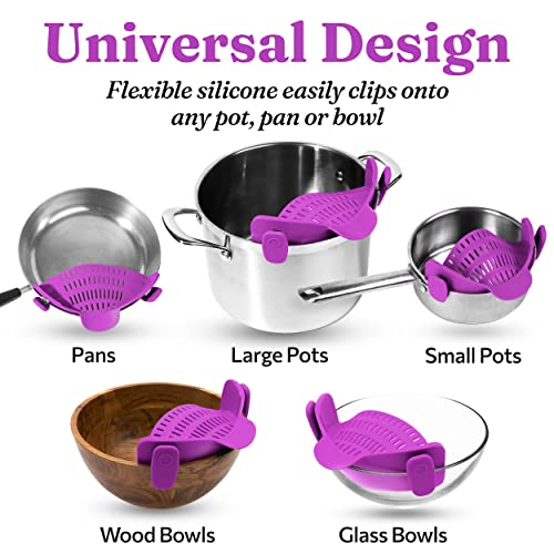 Kitchen Gizmo Snap N Strain | Purple Strainer with Clip-On Silicone Colander | Fits all Pots, Bowls, and Round Cookware