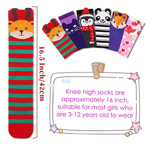 FNOVCO Girls Knee High Socks Cartoon Animal Patterns Cotton Over Calf Socks (6 Pairs Cartoon Animal)
