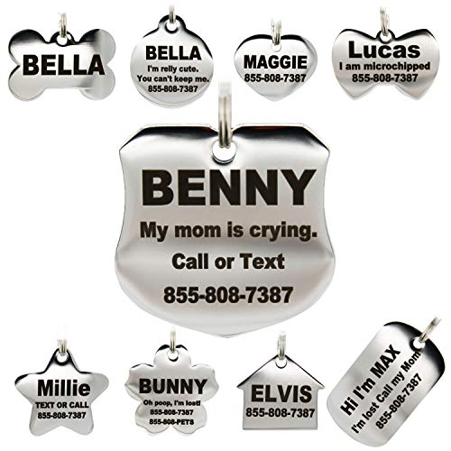 Stainless Steel Pet ID Tags - Engraved Personalized Dog Tags, Cat Tags Front & Back up to 8 Lines of Text â Bone, Round, Heart, Flower, Badge, House, Star, Rectangle, Bow Tie