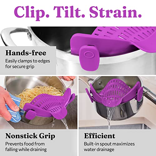 Kitchen Gizmo Snap N Strain | Purple Strainer with Clip-On Silicone Colander | Fits all Pots, Bowls, and Round Cookware