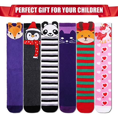 FNOVCO Girls Knee High Socks Cartoon Animal Patterns Cotton Over Calf Socks (6 Pairs Cartoon Animal)