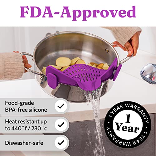 Kitchen Gizmo Snap N Strain | Purple Strainer with Clip-On Silicone Colander | Fits all Pots, Bowls, and Round Cookware