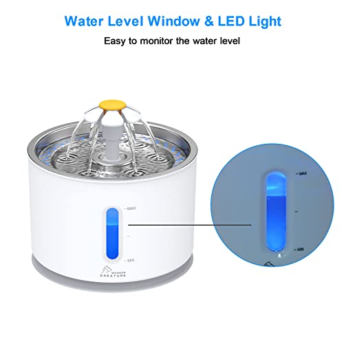 Cat Water Fountain Stainless Steel, 81oz/2.4L Intelligent Pump with LED Indicator for Water Shortage Alert, Pet Fountain with 3 Filters, 1 Mat and 2 Cleaning Brushes, Water Level Window